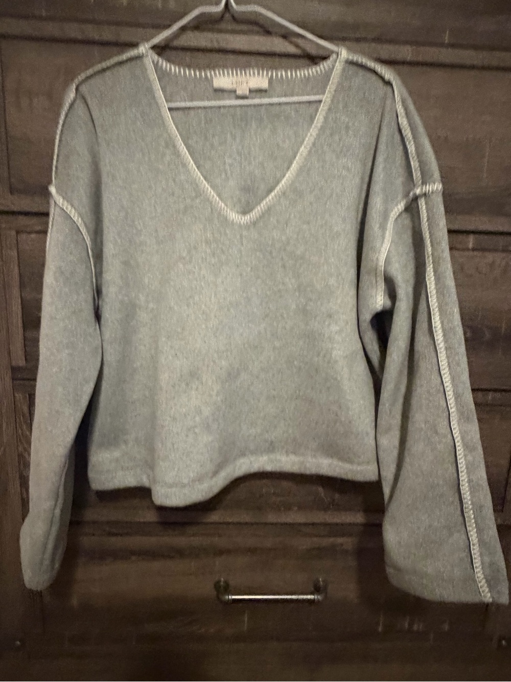 LOFT Gray V-Neck Fleece with Contrast Seam Trim